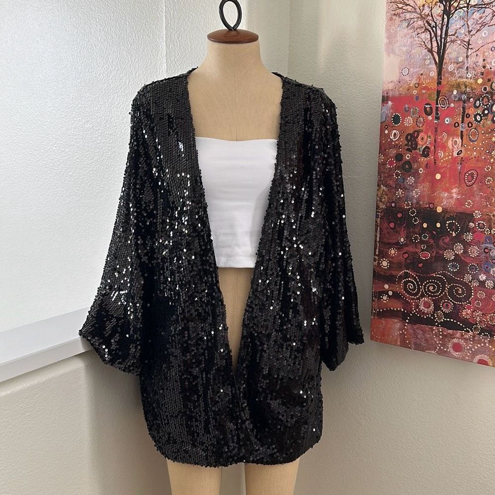 Raga Sequin Open Front Jacket Black Size 2X
